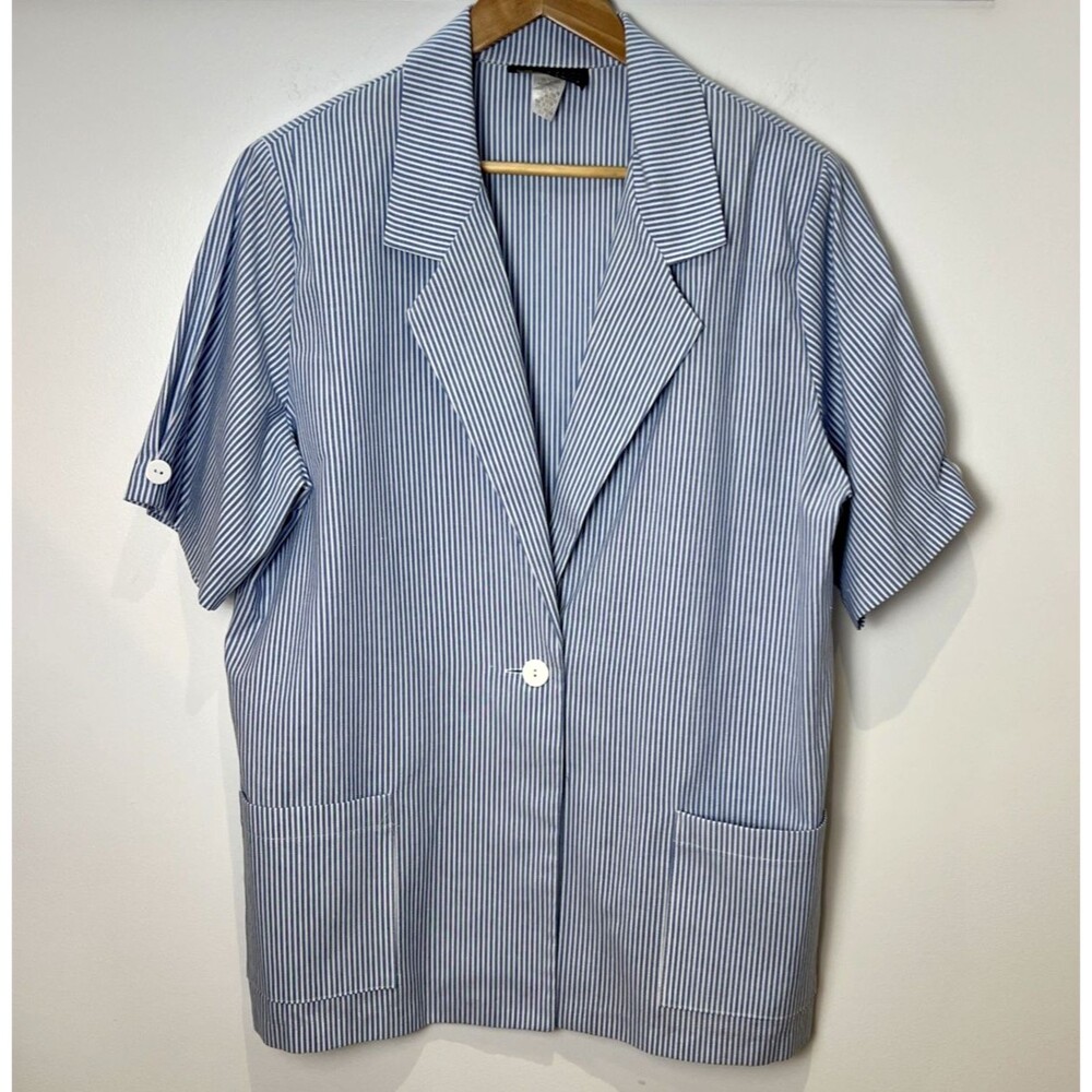 Vtg Willow Ridge Short Sleeve Striped Blazer Pockets Lagenlook Minimalist Sz 18